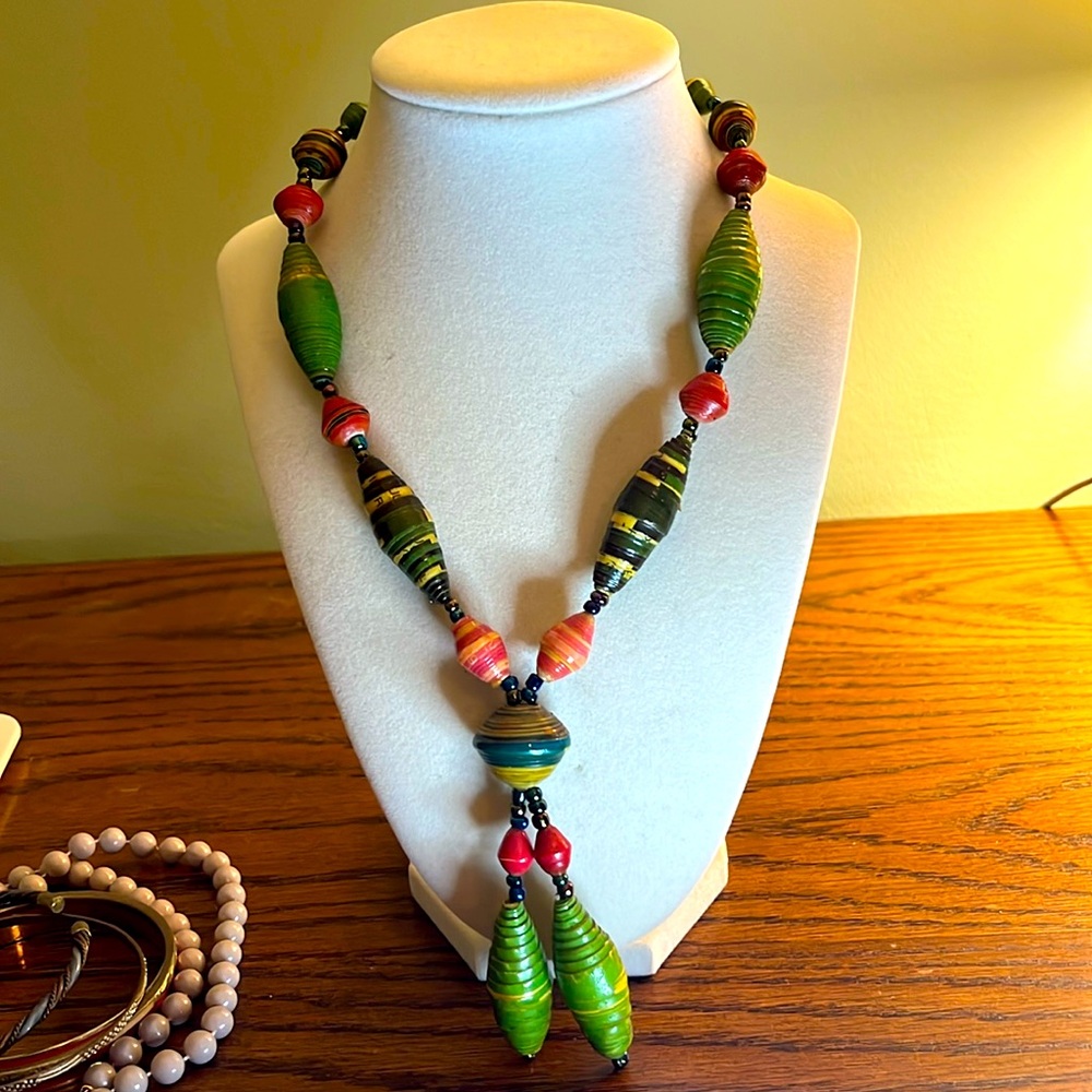 Vintage Paper Bead and Seed Bead Lariat Necklace